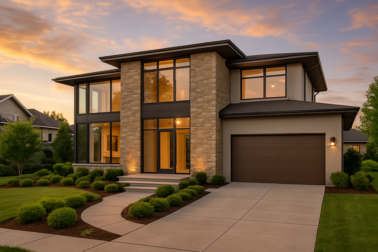 Modern villa with stone facade and landscaped entry in Twin Falls