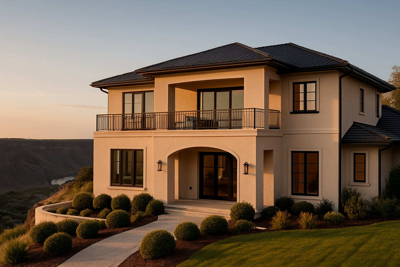 Elegant hillside villa with light stucco walls, black metal accents, and a terrace overlooking Twin Falls canyon