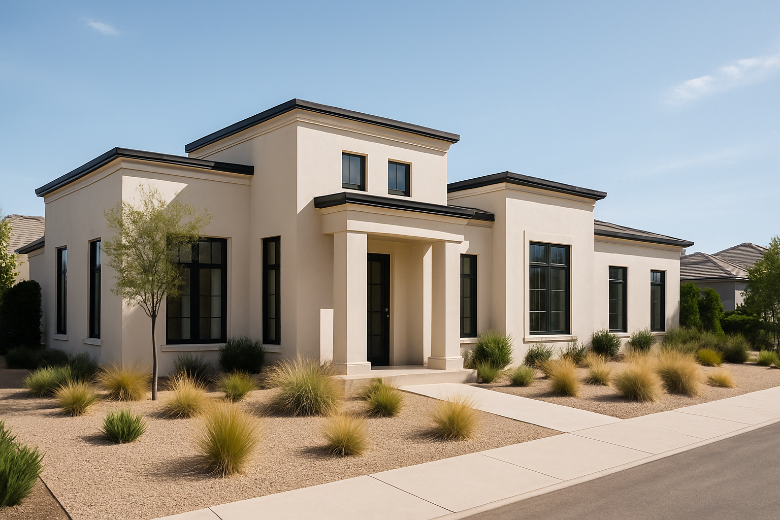 Light stucco villa with black-framed windows and desert-inspired garden