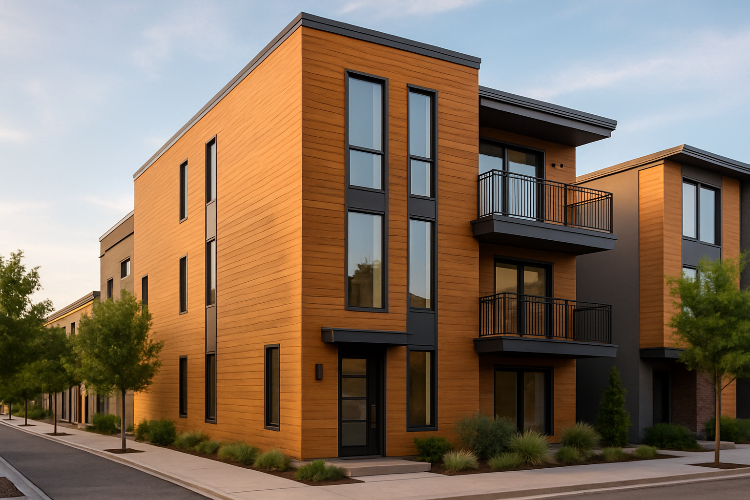 Contemporary downtown loft with warm wood siding, tall windows, and sleek balcony in central Twin Falls
