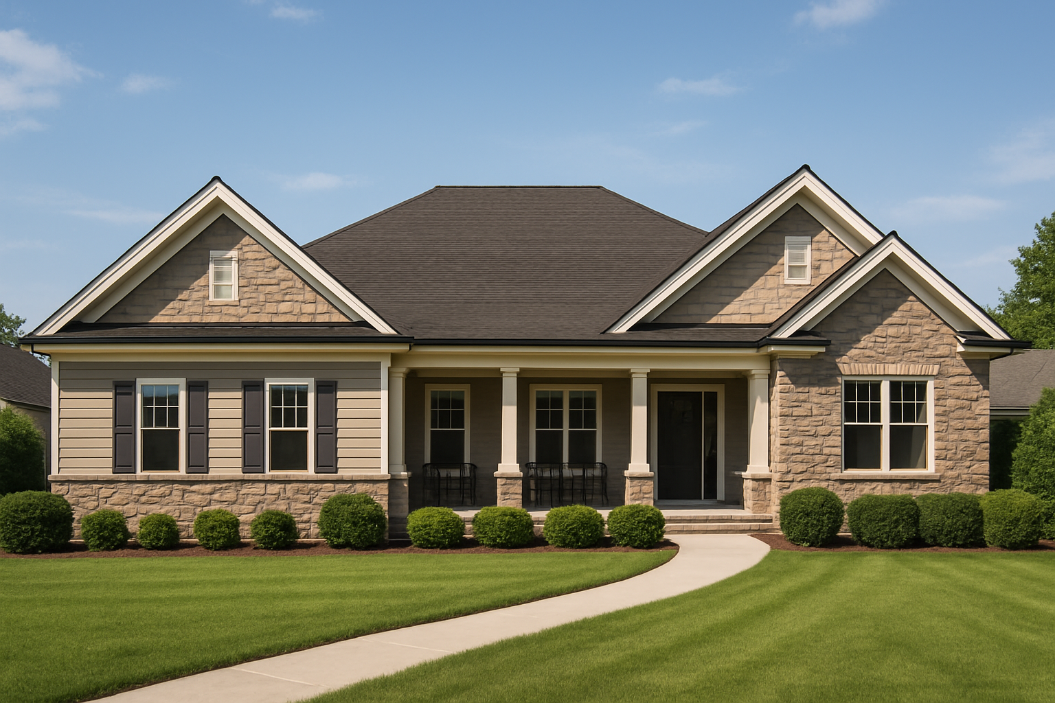 Elegant ranch-style home with stone accents and a manicured front lawn
