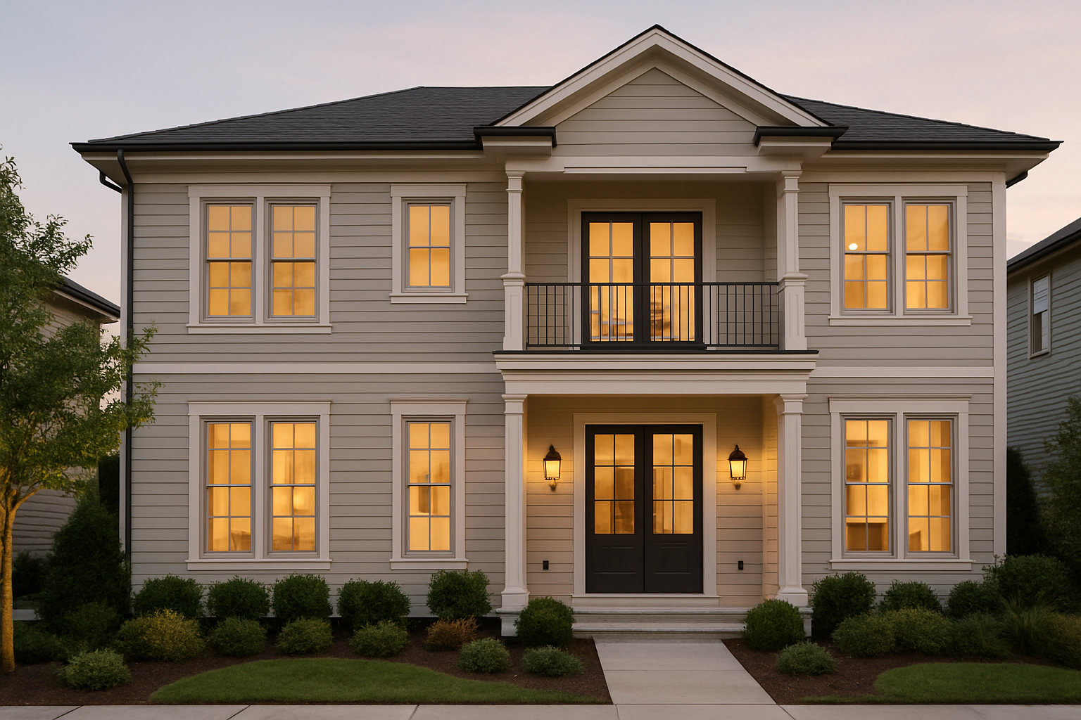 Elegant two-story townhome with balcony and soft evening light