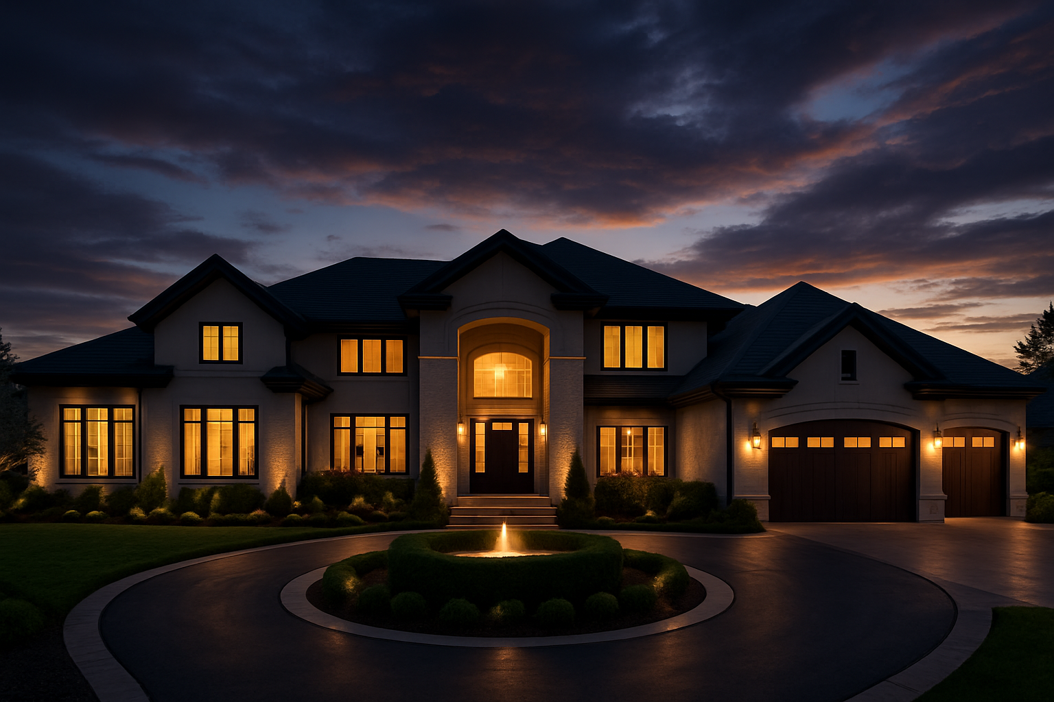 Grand contemporary estate with black rooflines, glowing interior lights, and landscaped front drive at dusk in Twin Falls