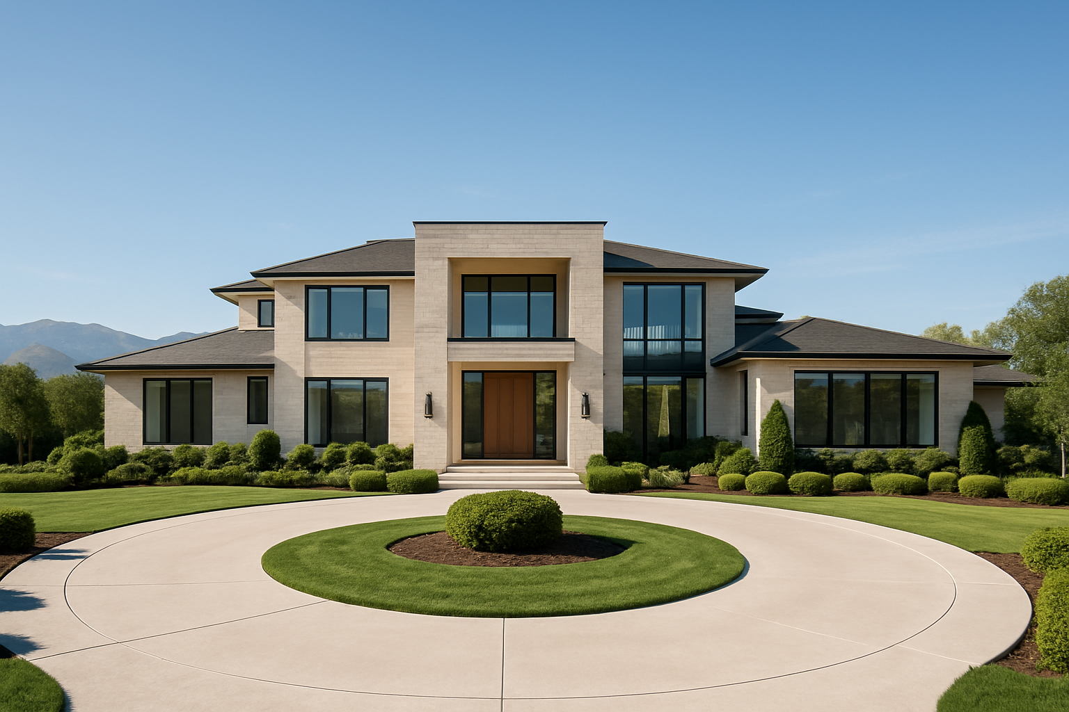 Modern limestone-and-glass estate with a sweeping driveway and mountain horizon