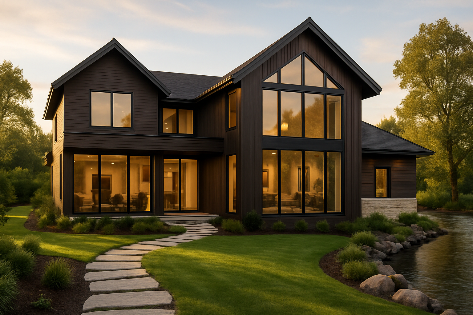 Contemporary two-story home with dark wood siding and riverfront landscaping