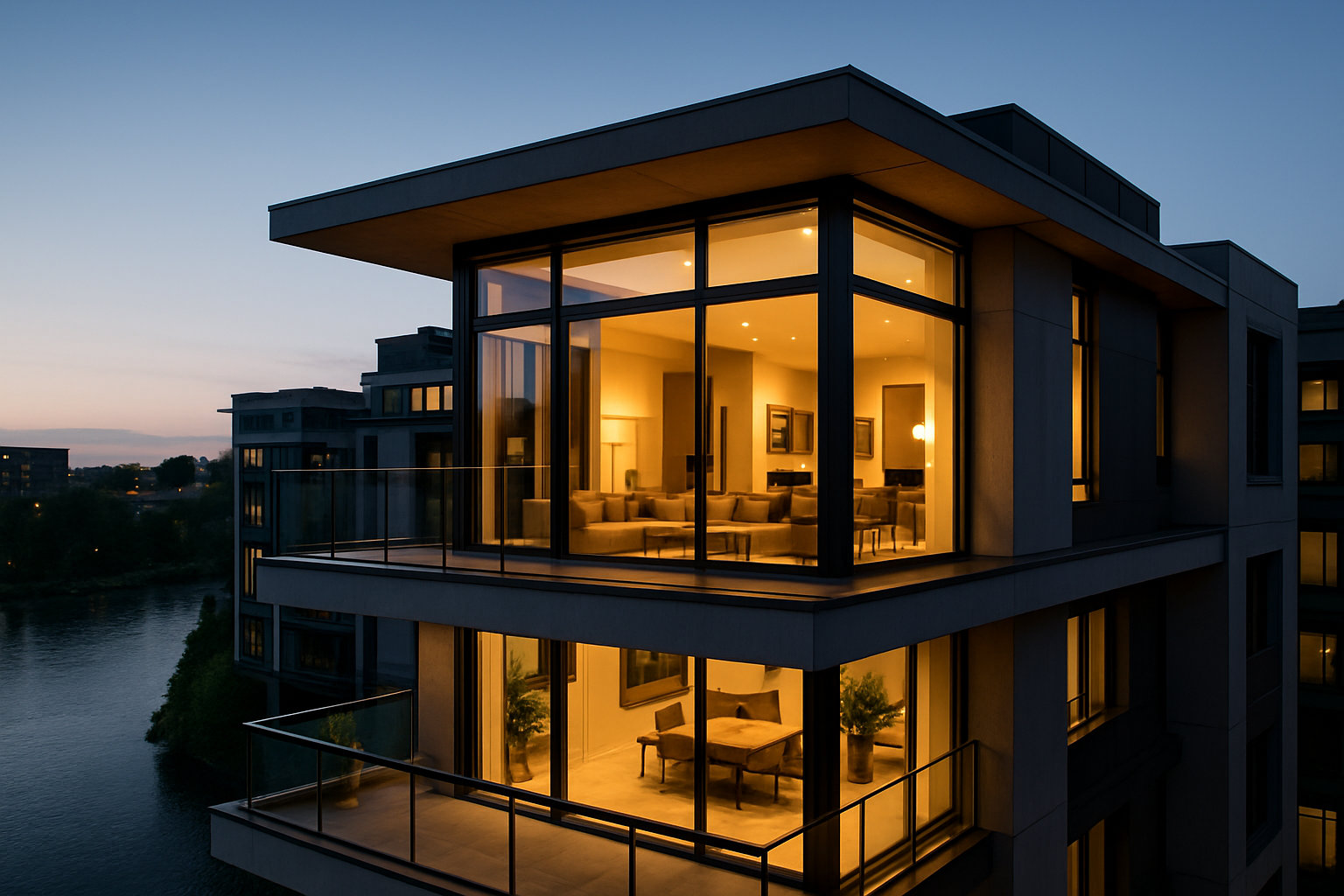 Contemporary penthouse with river view balcony and warm interior lighting