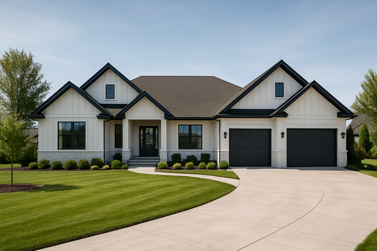 Luxury single-story estate with expansive driveway and manicured lawn