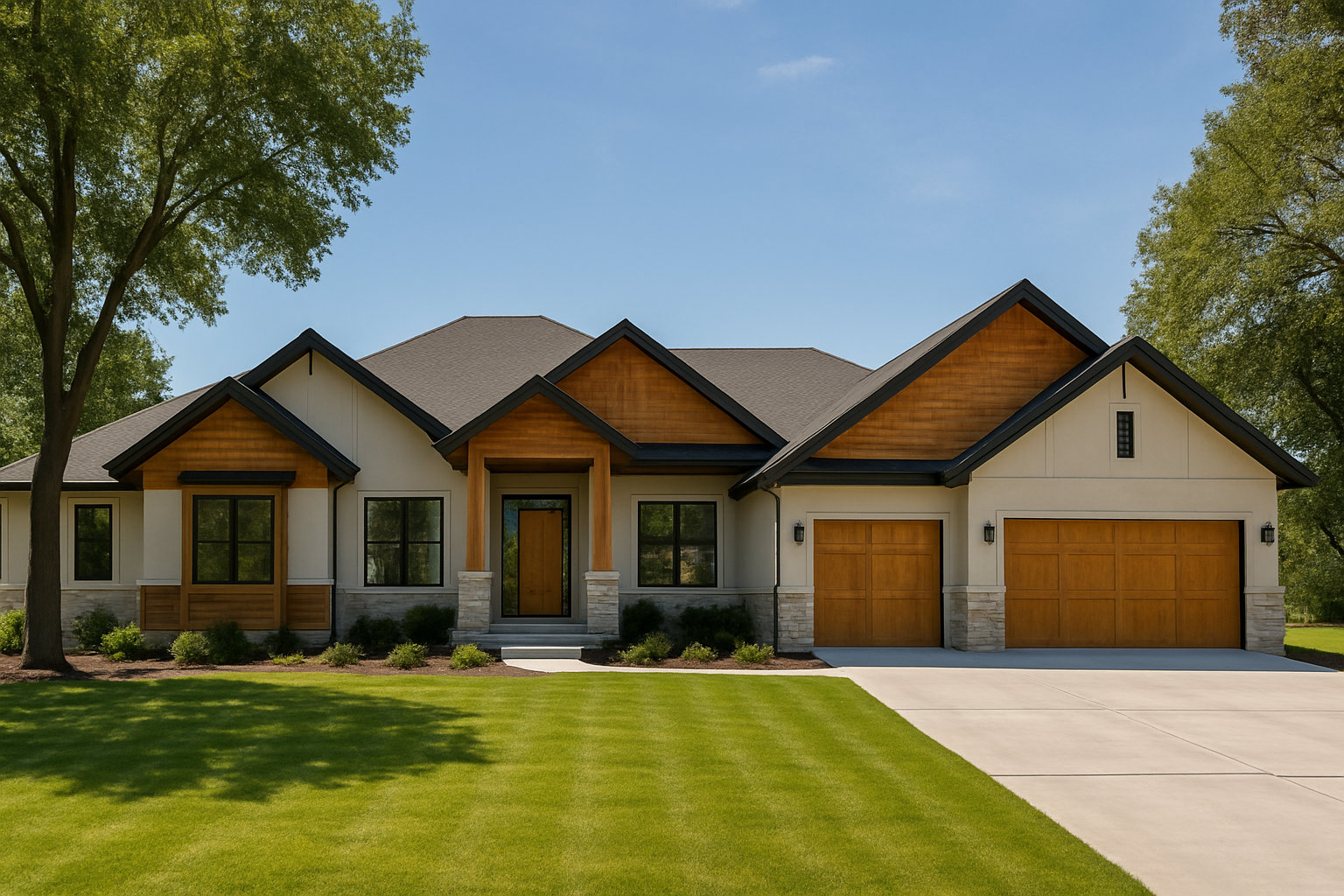 Spacious modern ranch home with cedar accents, wide driveway, and mature landscaping on the Twin Falls outskirts