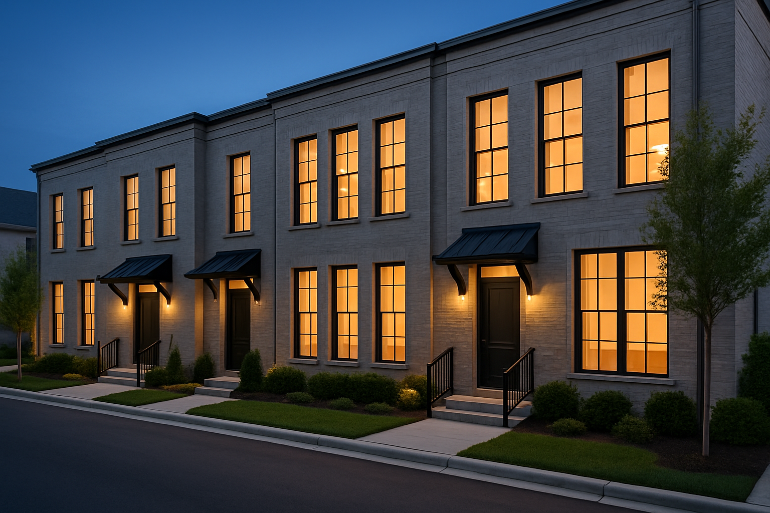 Luxury townhome row with soft gray brick and warm interior lighting