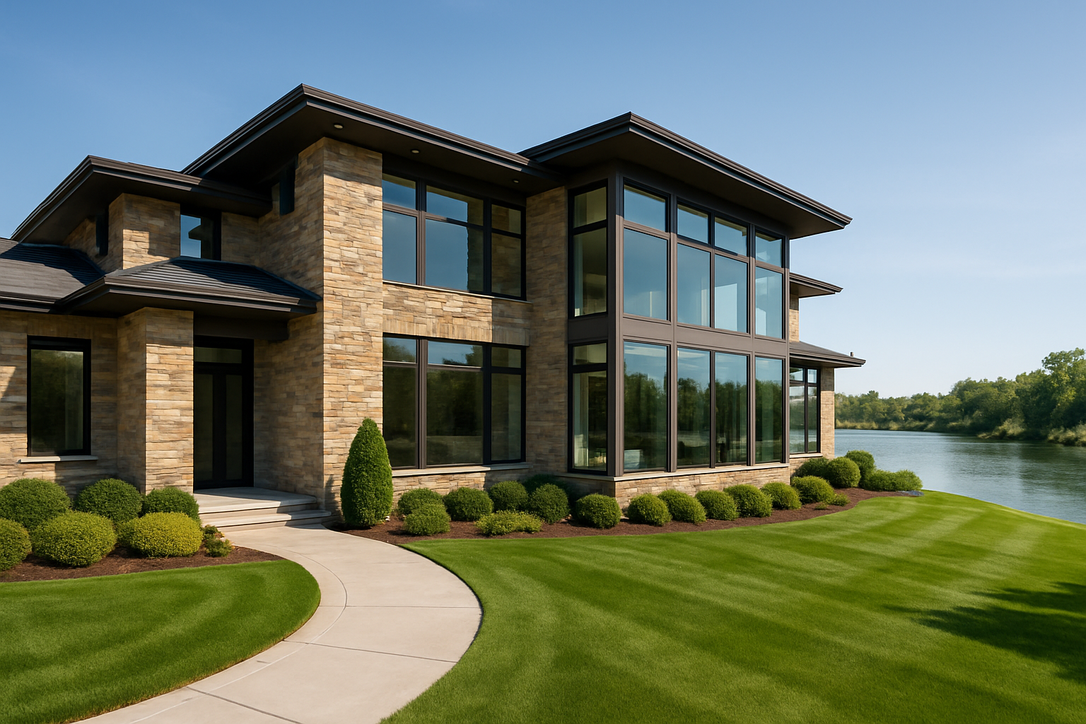 Modern riverfront estate with stone facade, expansive windows, and manicured landscaping overlooking the Snake River in Twin Falls