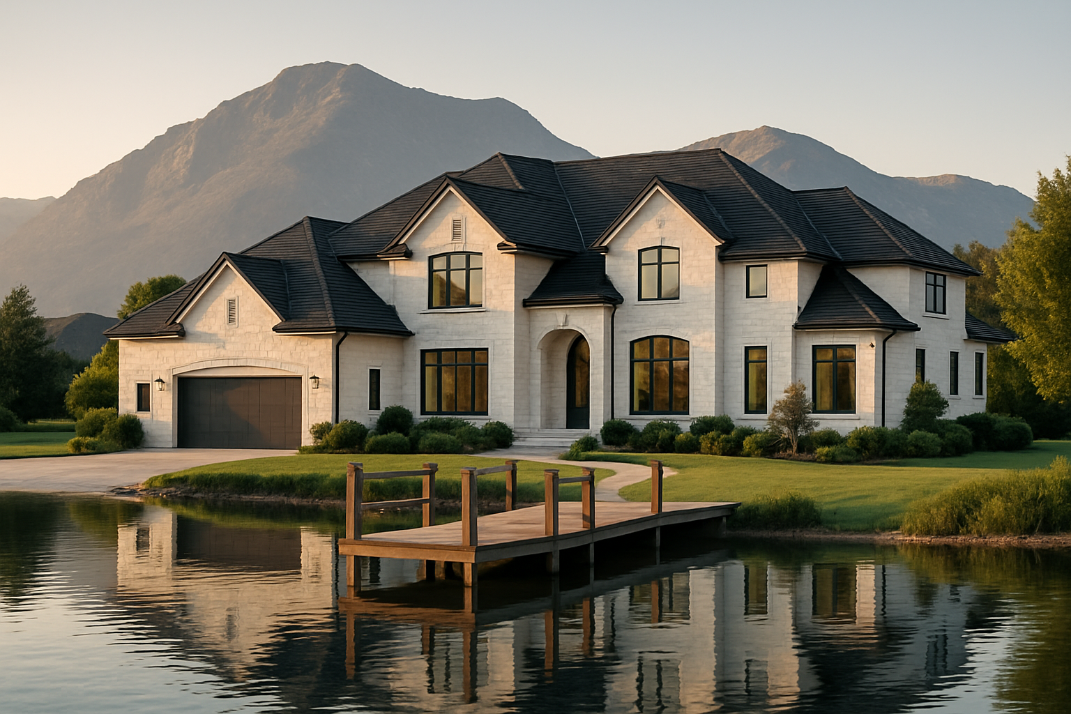 Lakeside estate with white stone exterior, dark roof, and private dock