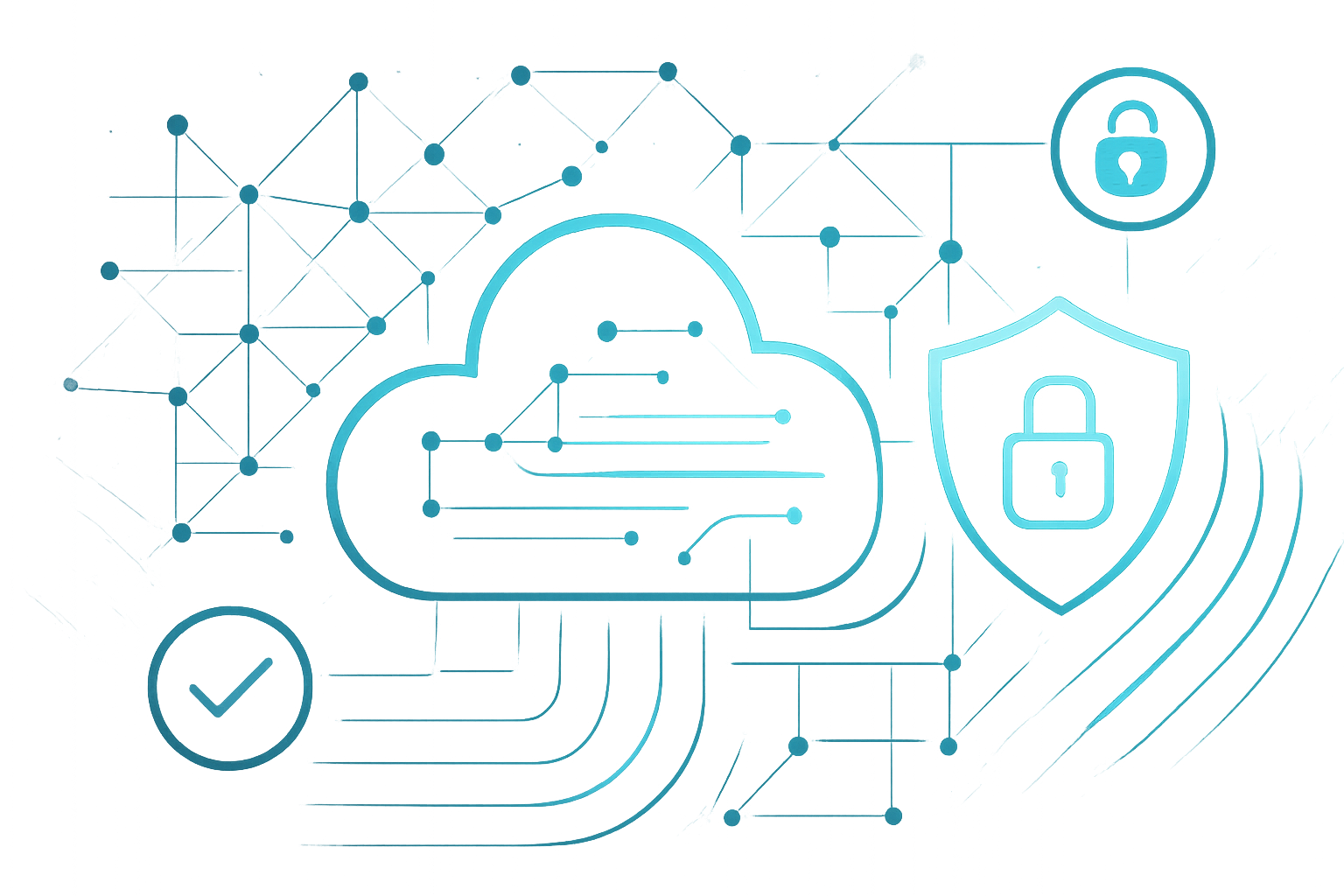 تصميم تجريدي حديث يجمع بين سحابة رقمية وشبكات متصلة وعناصر أمن سيبراني بألوان تقنية هادئة