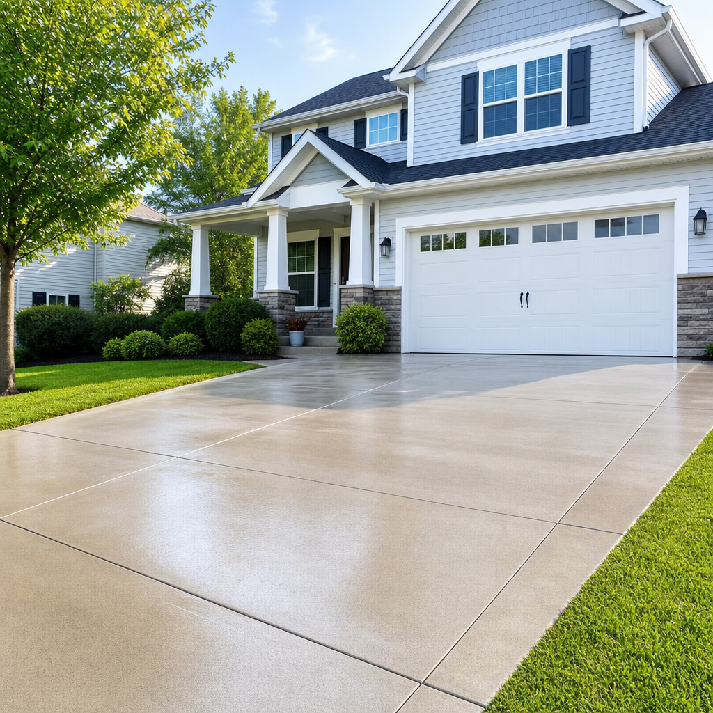 Bright freshly pressure-washed suburban driveway in front of a clean two-story home on a sunny day