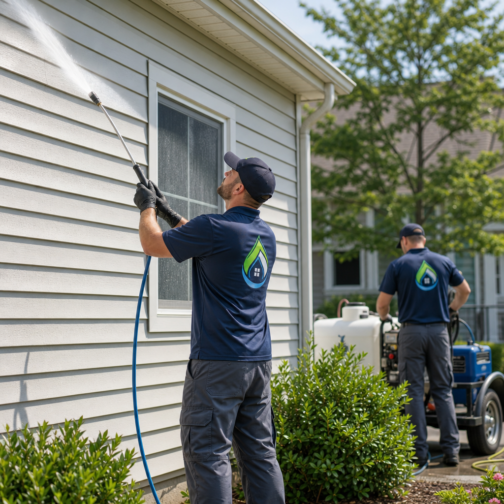 Two uniformed exterior cleaning technicians carefully soft washing a home's siding near a clean driveway in bright natural daylight