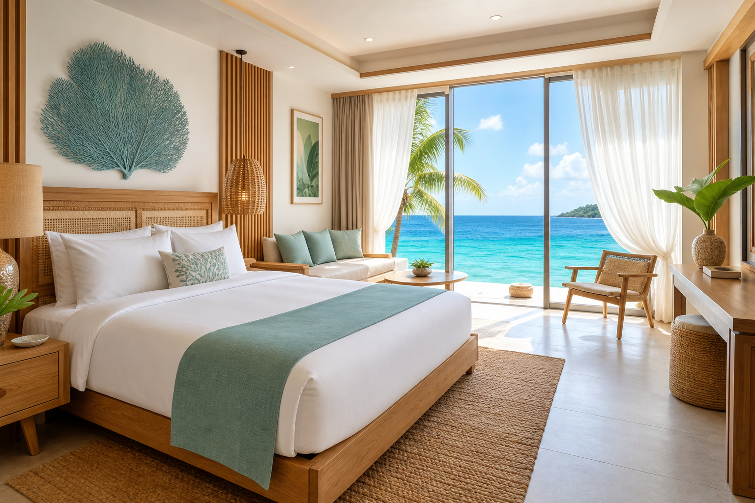 Bright oceanfront suite with a king bed, sheer white curtains, and a turquoise sea view from large windows.