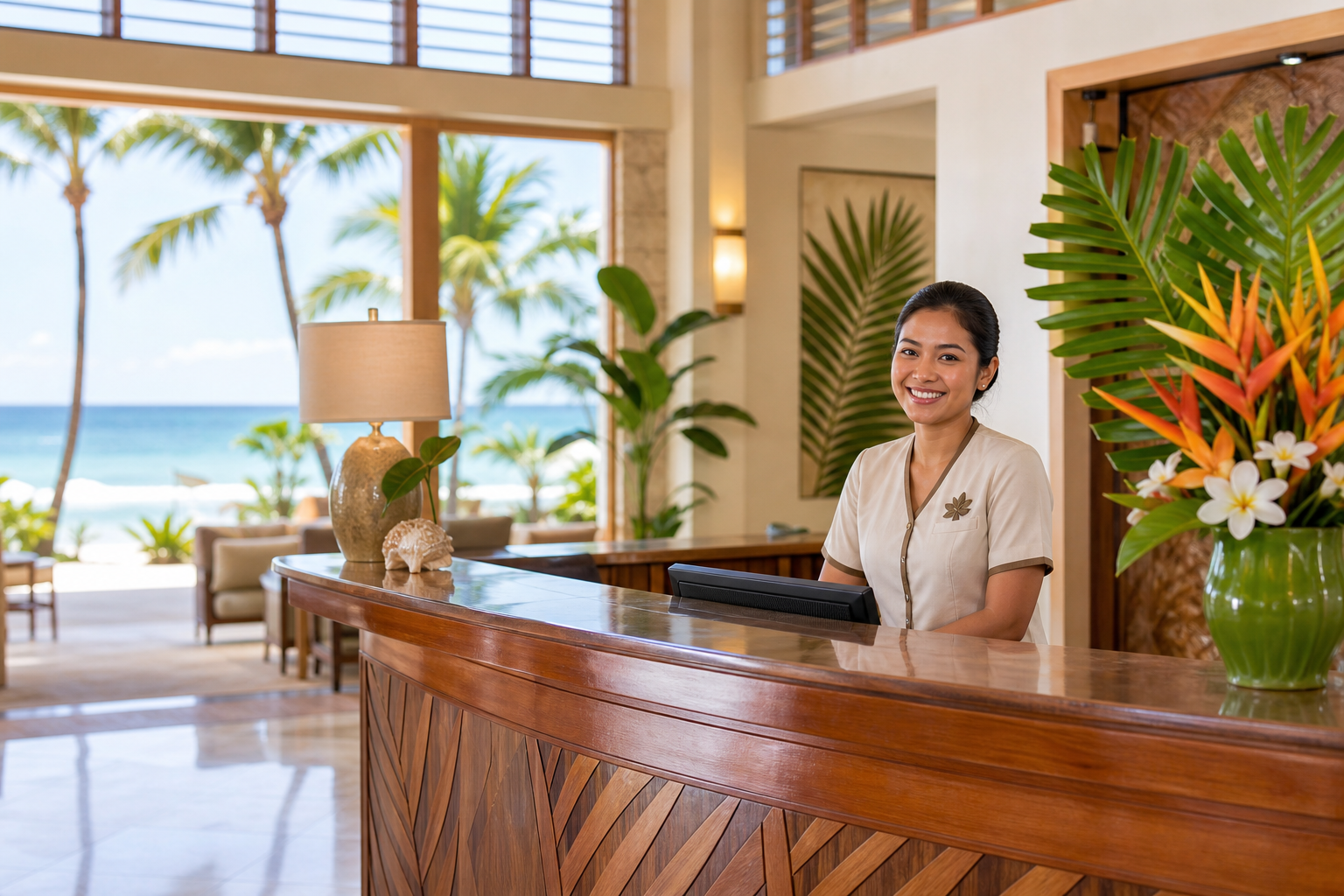 Resort concierge smiling at a polished wooden desk with palm accents and a bright beach view through the lobby windows
