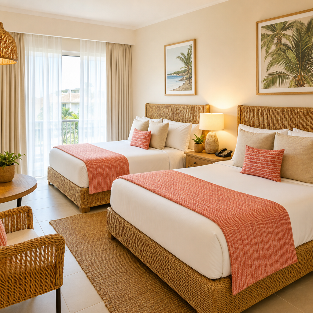 Bright family room with two queen beds, woven accents, and soft coral throws