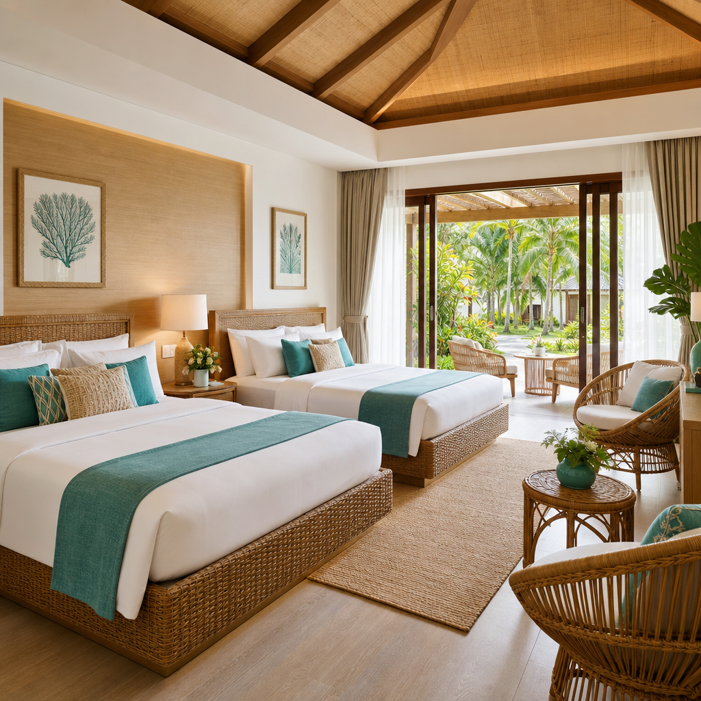 Family villa with two beds, rattan seating, and a bright terrace opening to tropical gardens.