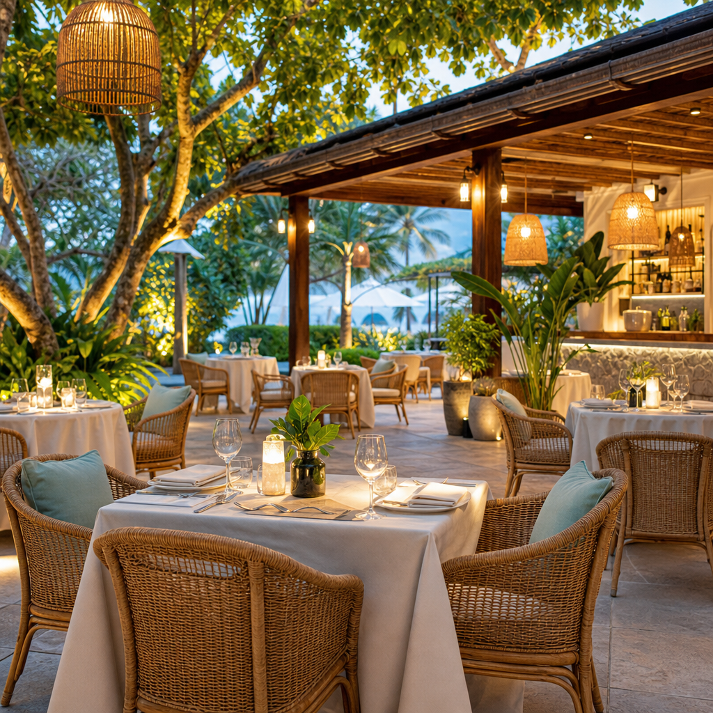 Open-air resort bistro with rattan chairs, linen table settings, and lush garden backdrop