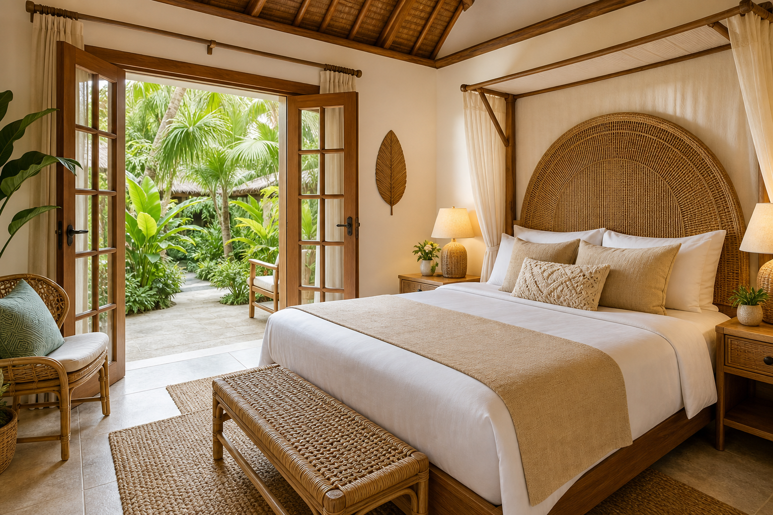 Garden cabana studio with a queen bed, woven canopy, and French doors opening to lush greenery.