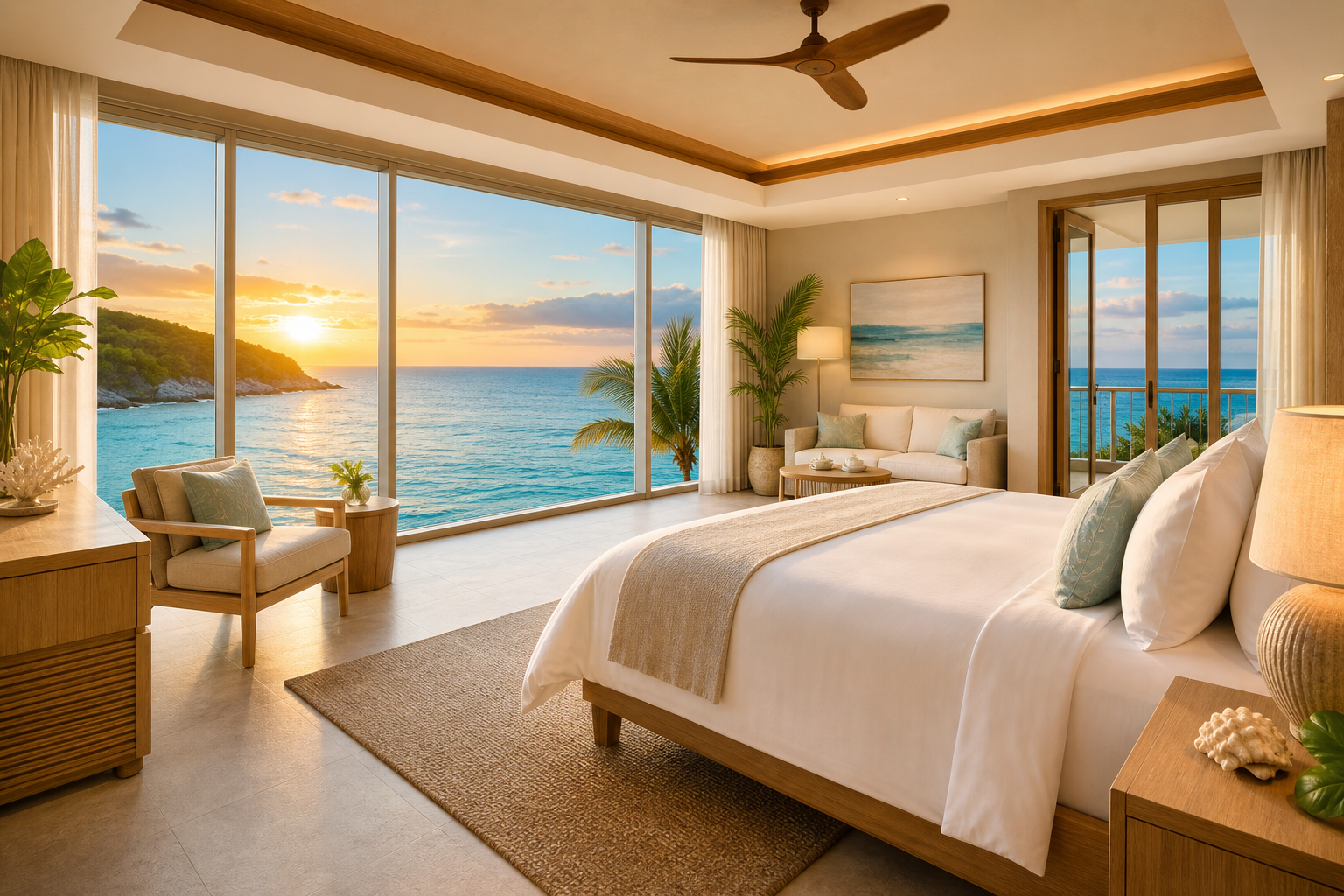 Oceanfront resort suite with floor-to-ceiling windows, white linen bed, and turquoise sea view at sunset