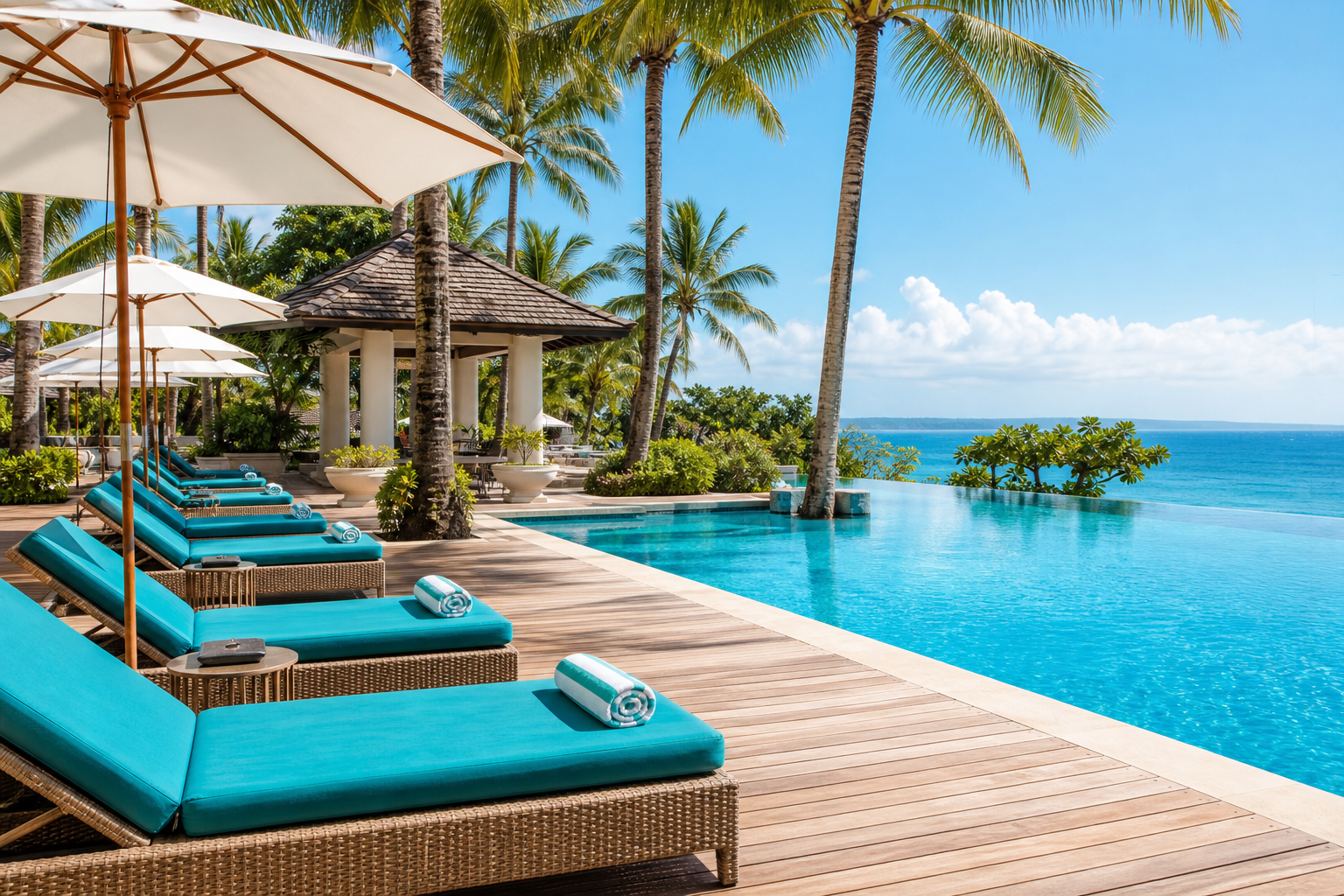 Resort pool deck with tall palm trees, teal loungers, and sun umbrellas beside a bright blue pool