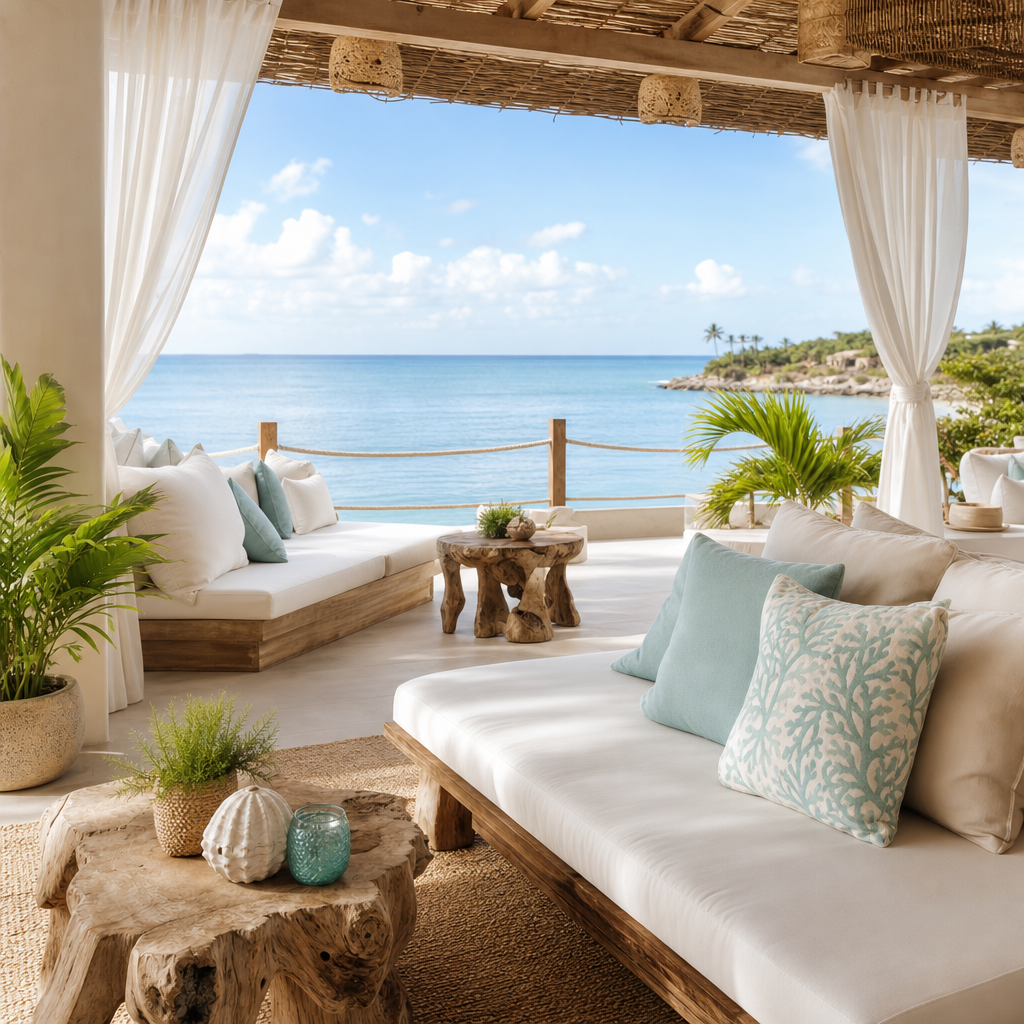 Seaside lounge terrace with cushioned daybeds, driftwood tables, and an ocean horizon