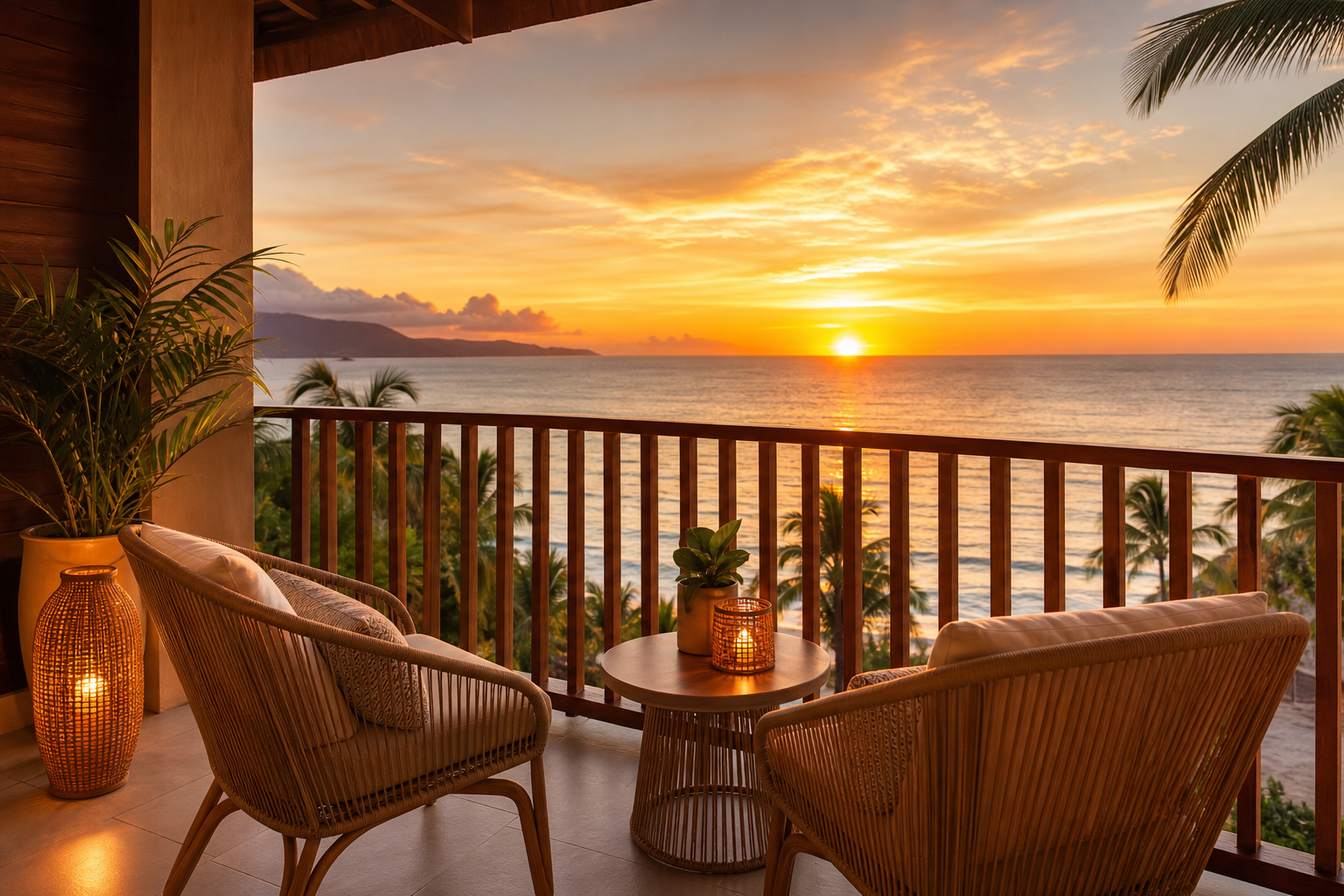 Resort balcony at sunset with two chairs, woven lanterns, and warm golden sky