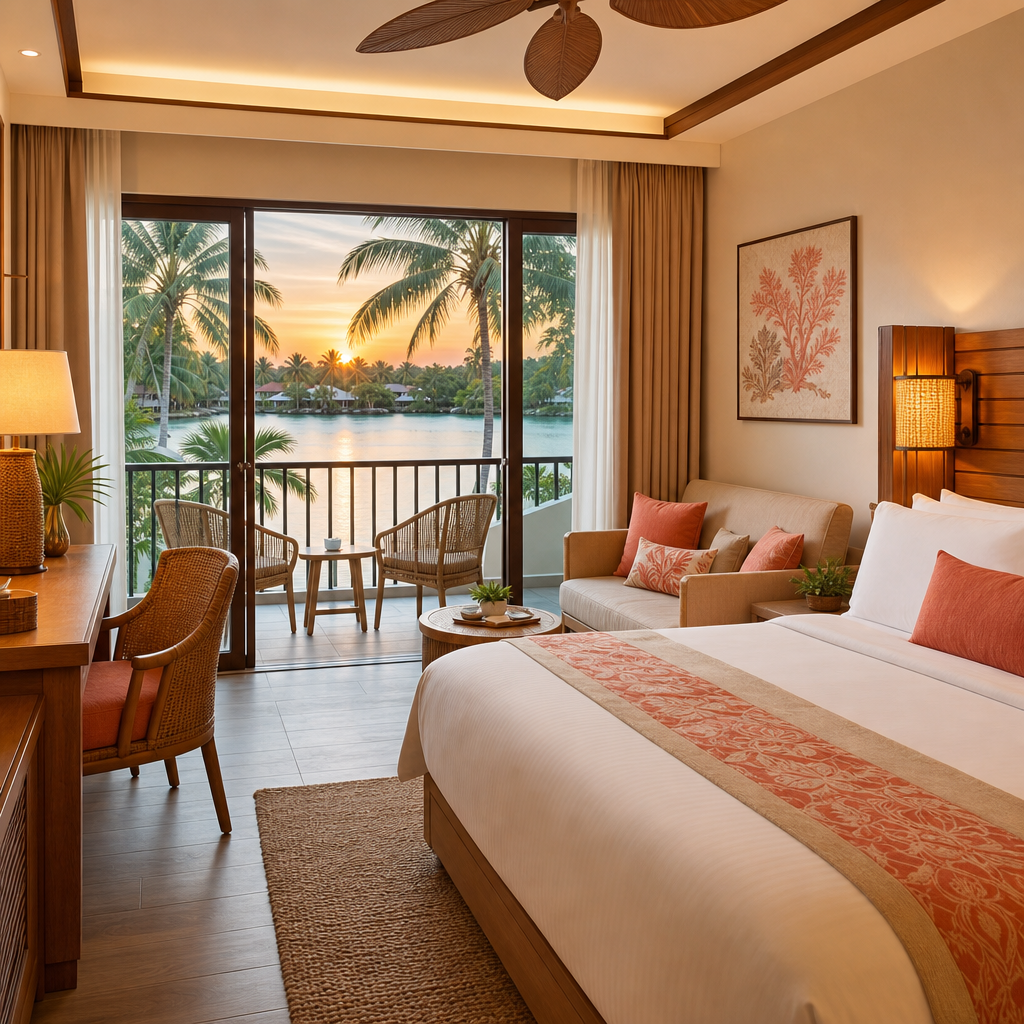 Cozy lagoon-view room with warm wood accents, coral bedding, and a balcony looking over palm-lined water.