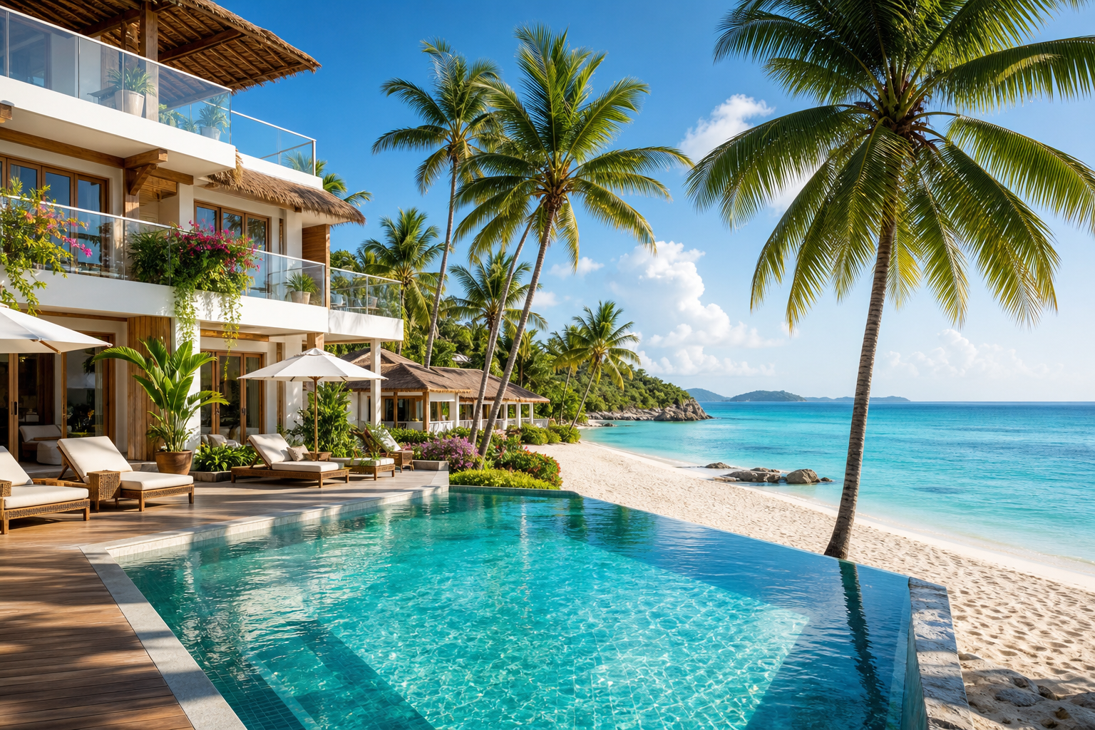 Sunlit beachfront resort with palm trees, white sand, and a modern pool terrace overlooking turquoise ocean water