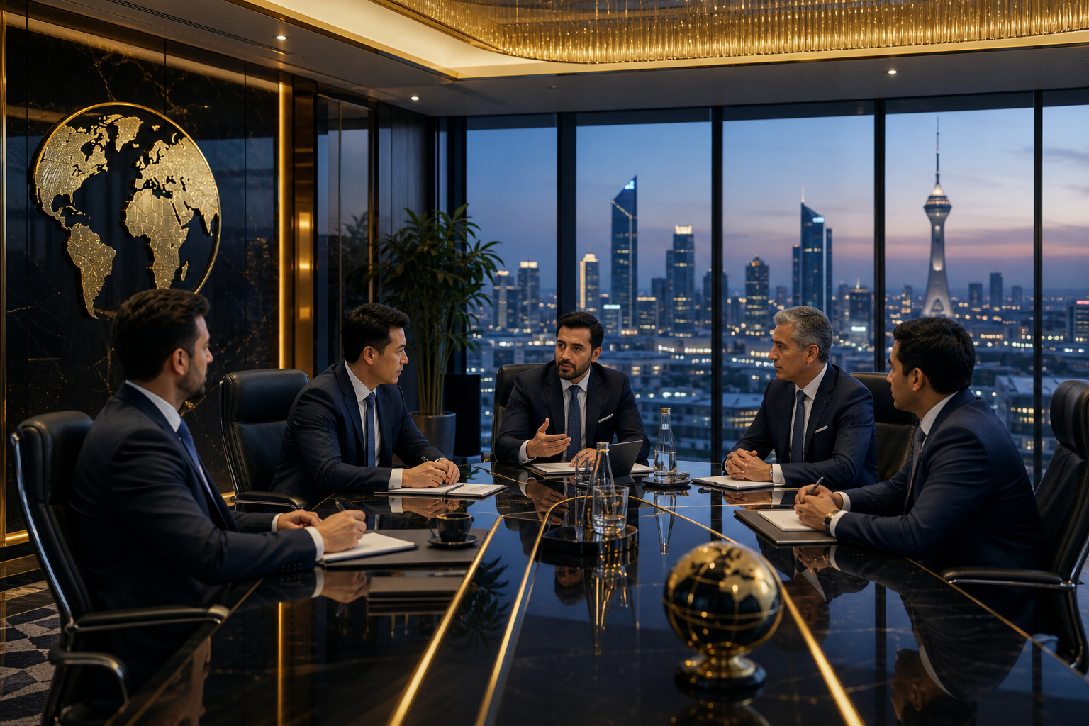 Executive business leaders meeting in a modern Tashkent boardroom with a panoramic view of the city skyline, conveying international partnership and premium corporate trust