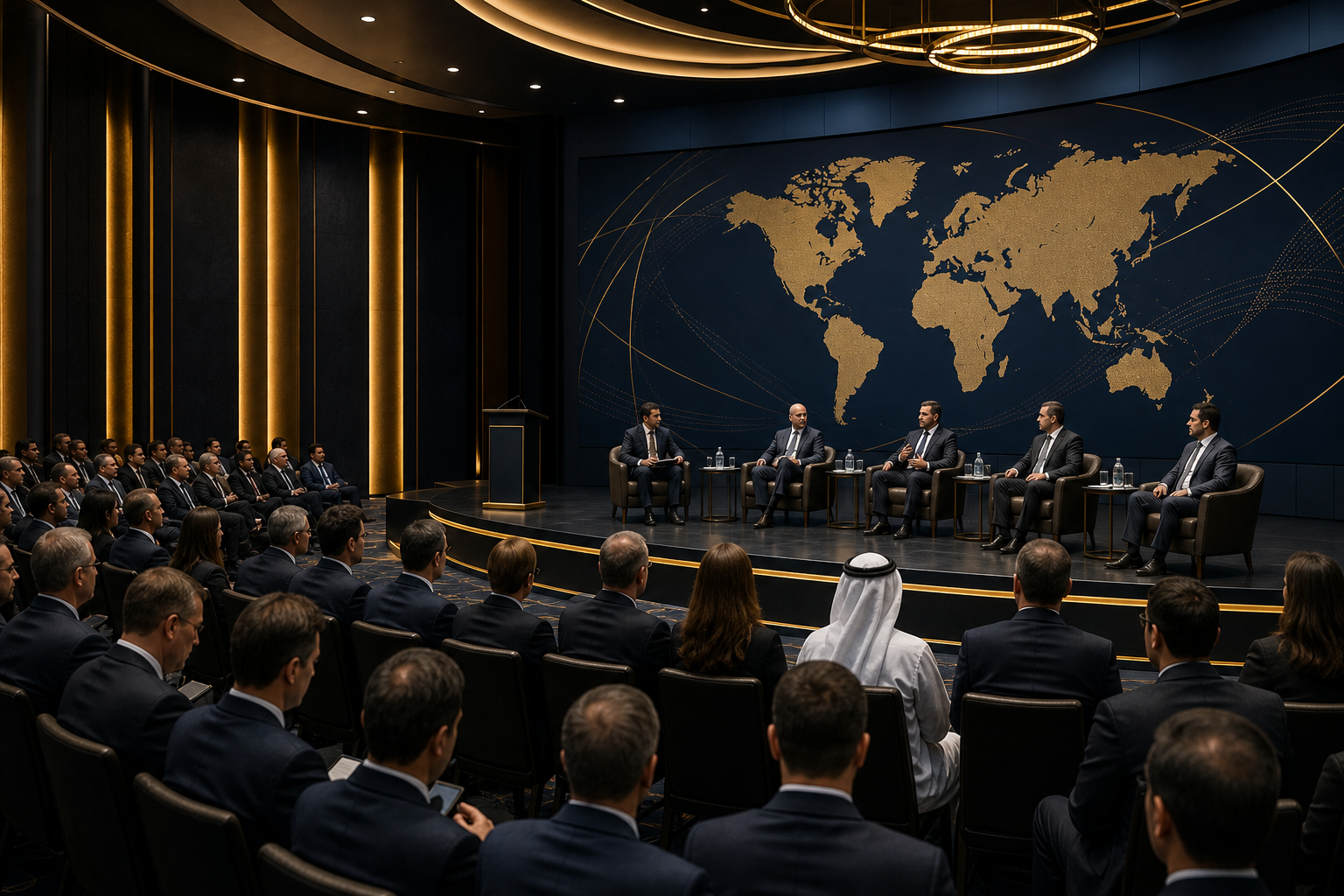 Serious international business conference with professional attendees in a modern corporate forum setting
