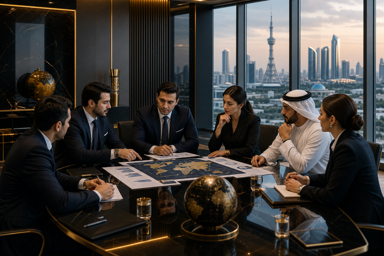International business executives in a luxury boardroom reviewing regional market opportunities