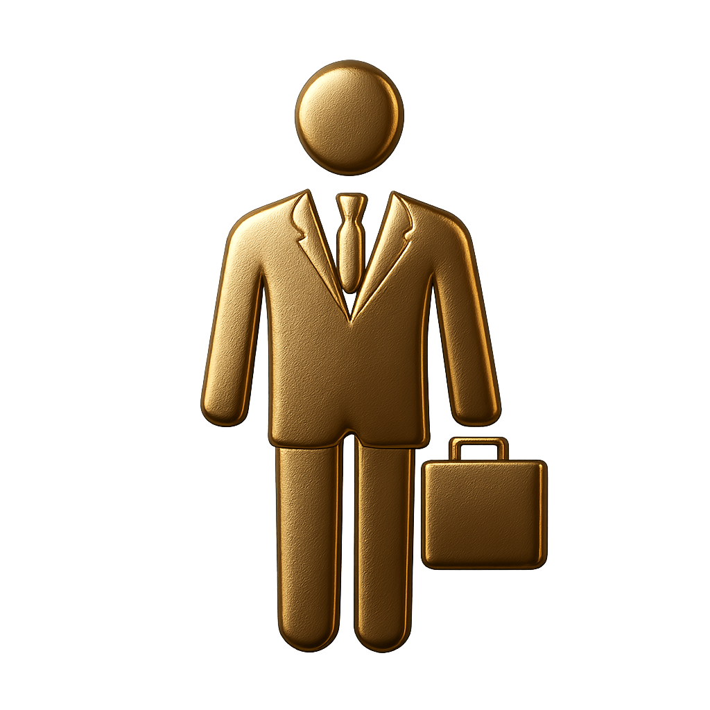 Business Services navigation icon showing a professional businessman holding a briefcase in metallic gold