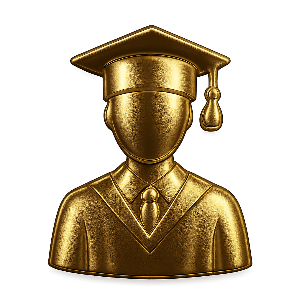 Education navigation icon showing a graduate student wearing a cap and gown in metallic gold