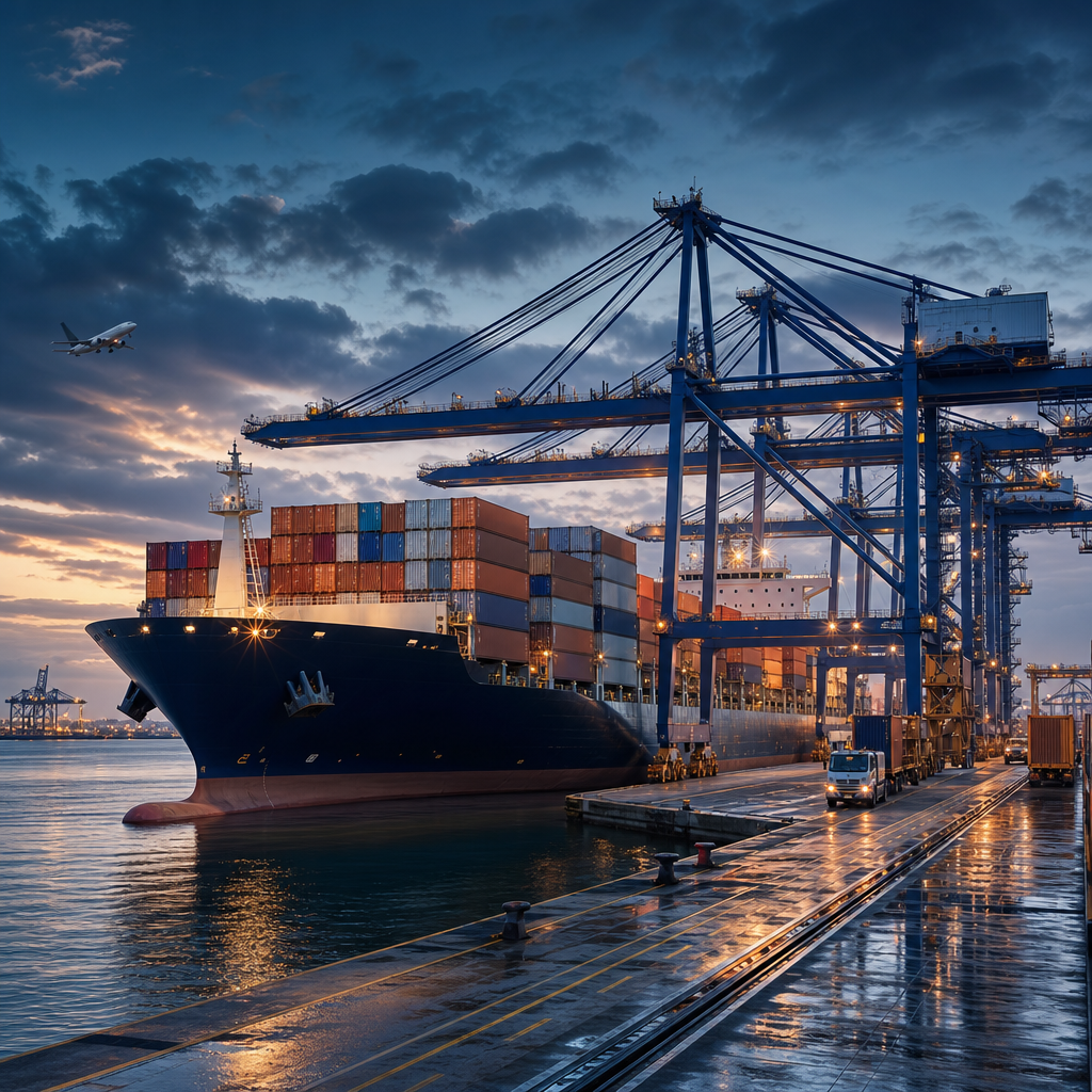 Premium global trade network with illuminated shipping routes across continents and modern logistics imagery