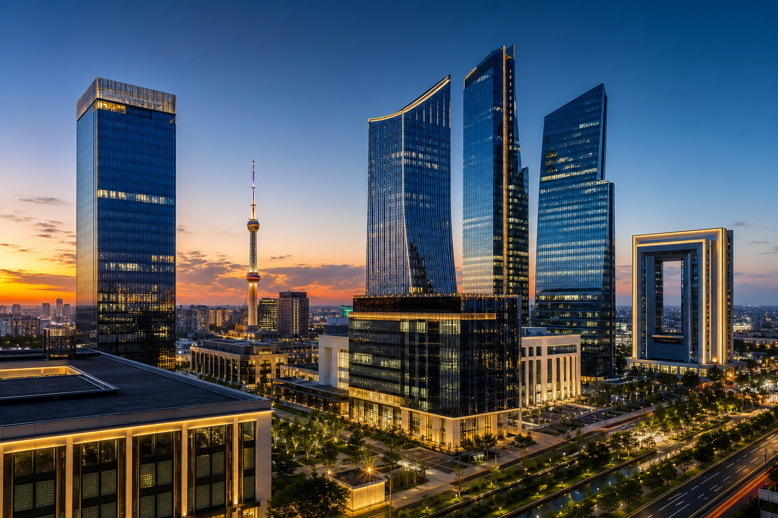 Premium corporate skyline with a modern business district, glass towers, and a clean executive atmosphere