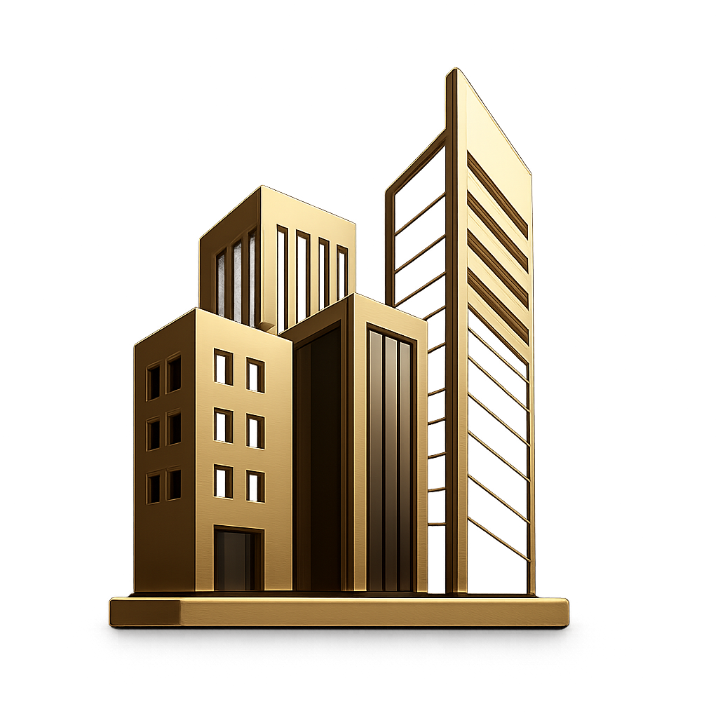 Real Estate navigation icon showing modern high-rise towers in metallic gold