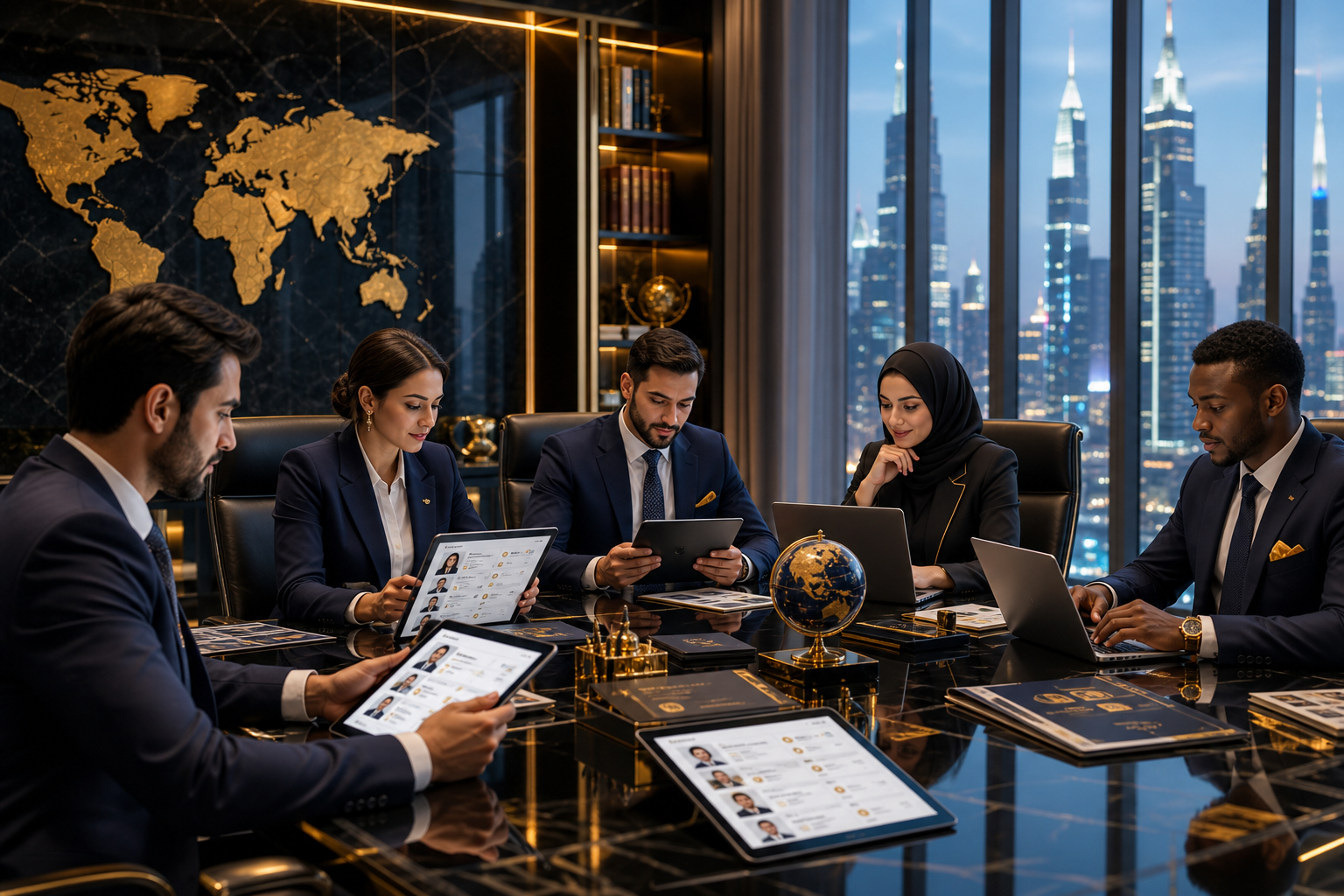 Recruitment consultants in a modern boardroom reviewing international candidate profiles on digital tablets