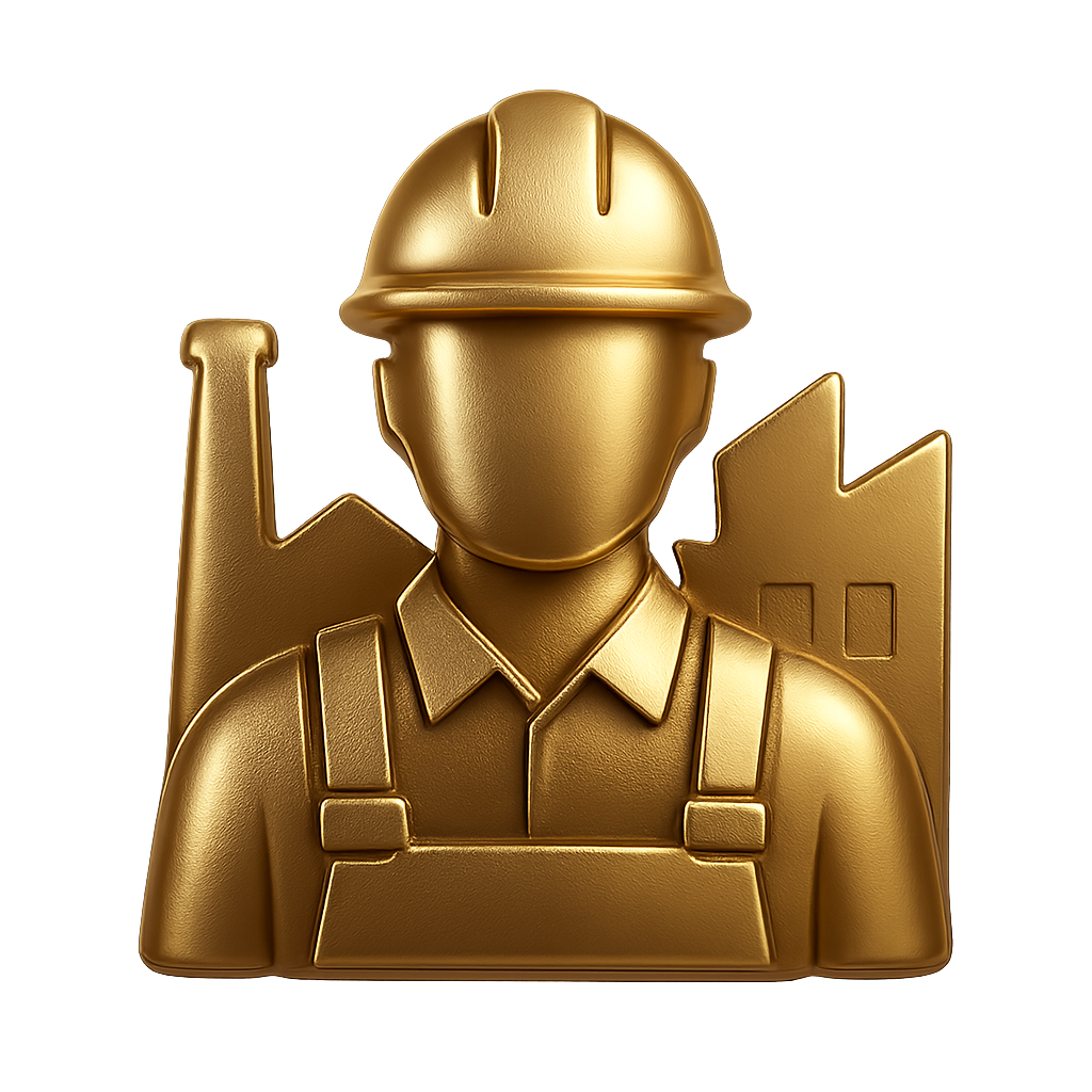 Recruitment navigation icon showing a skilled worker with factories in the background in metallic gold