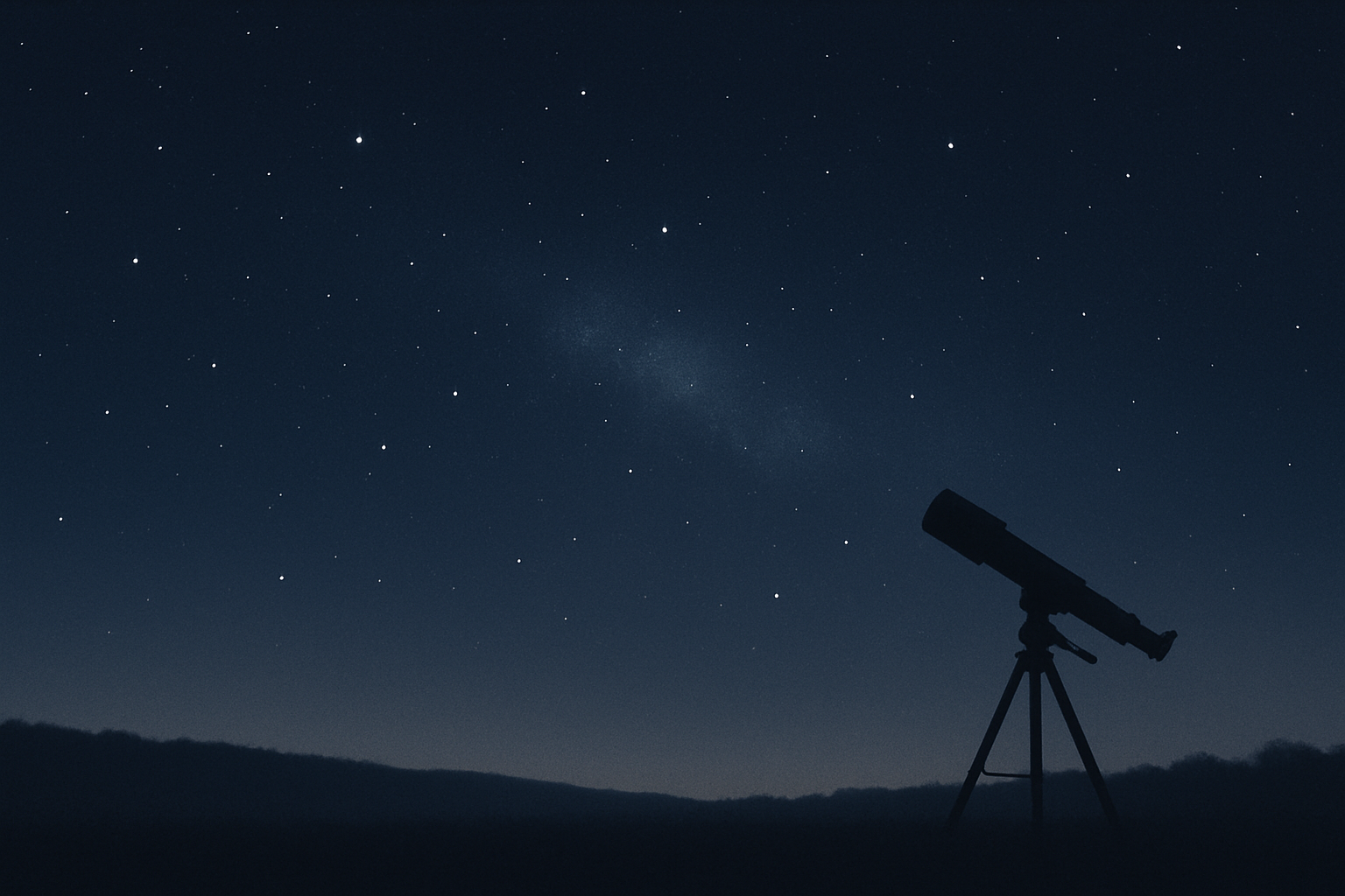Calm starlit sky with subtle telescope silhouettes and faint celestial glow
