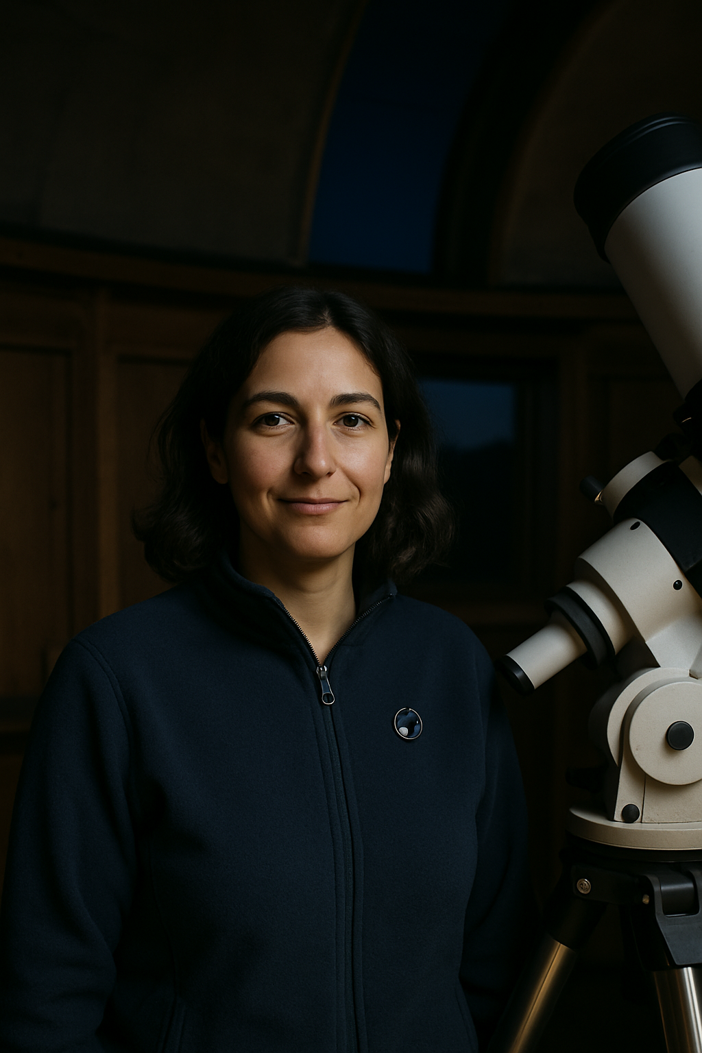 Lena Morris, club coordinator and volunteer organizer, standing in a low-light observatory setting