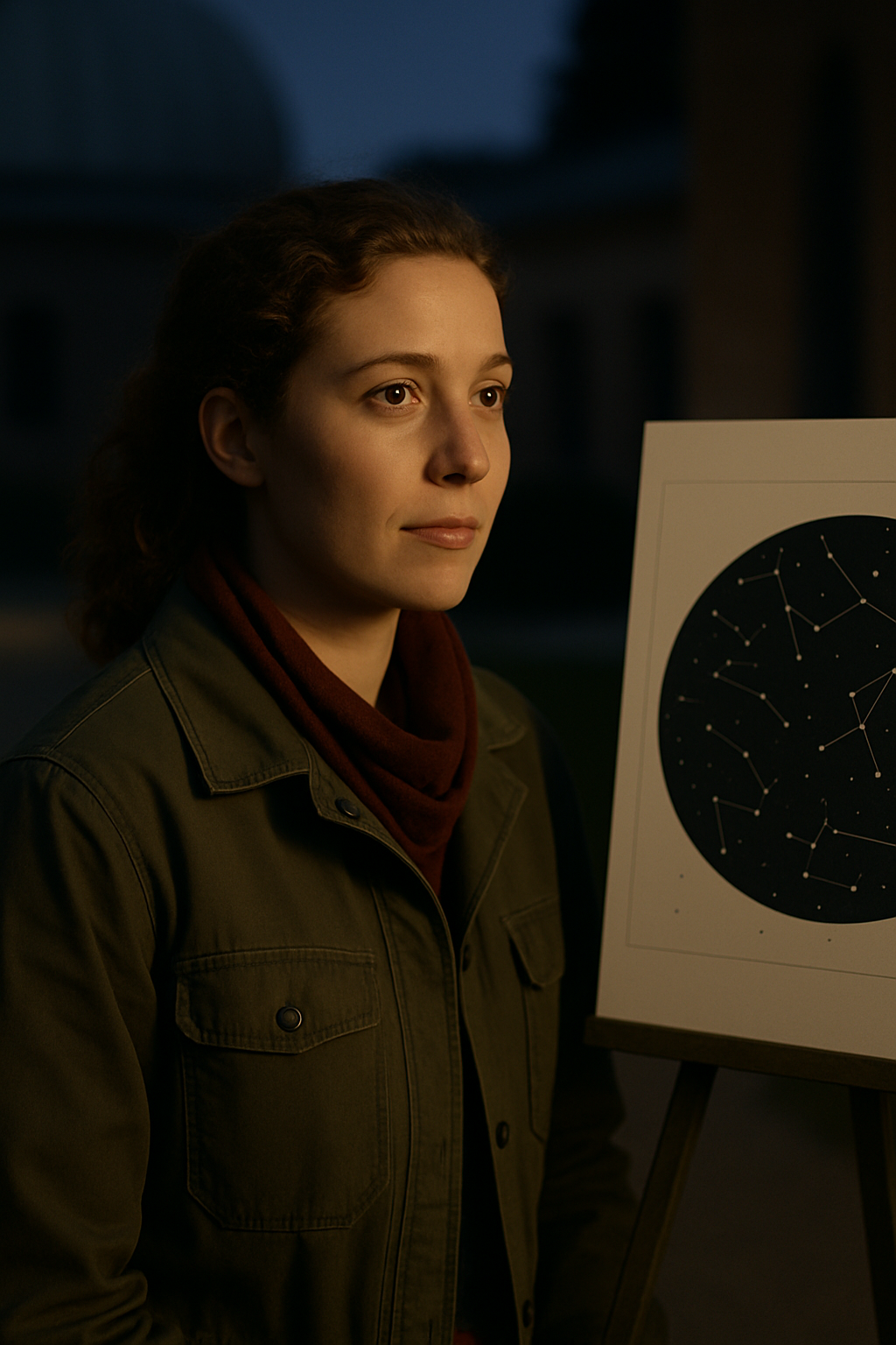Maya Hart, constellation guide volunteer, near a dim star chart board with evening sky ambiance