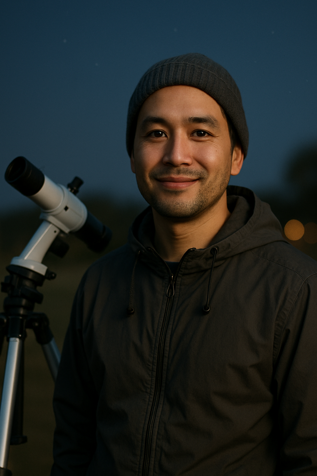 Ravi Chen, telescope lead volunteer, in an outdoor nighttime setup with a telescope