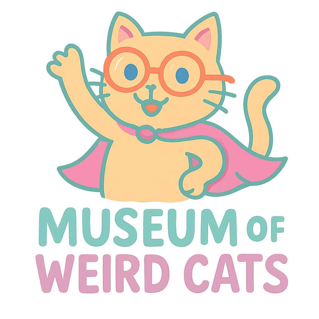 Museum of Weird Cats logo: cartoon cat with cape and glasses