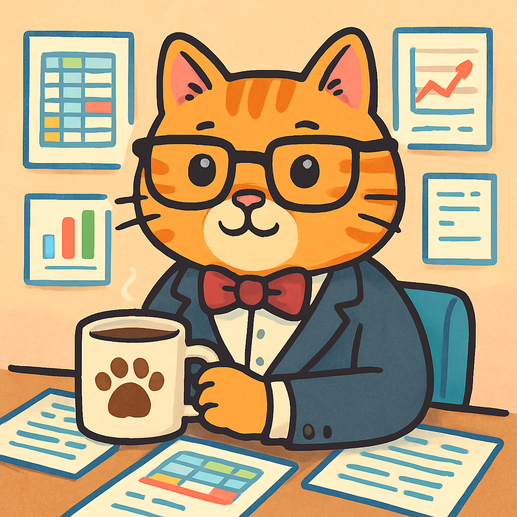 Cat in a business suit, bow tie, and reading glasses, holding a coffee mug with a paw print, surrounded by spreadsheets. Playful and humorous style.