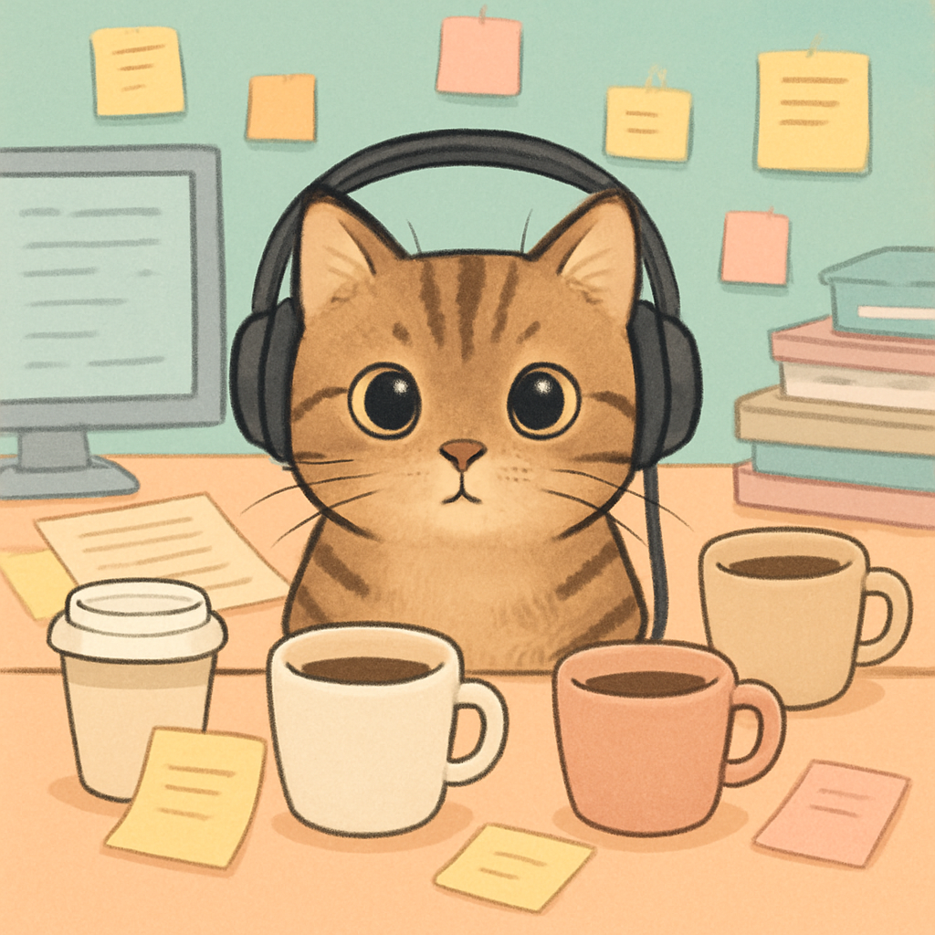 Cat with headphones on, surrounded by coffee cups and sticky notes