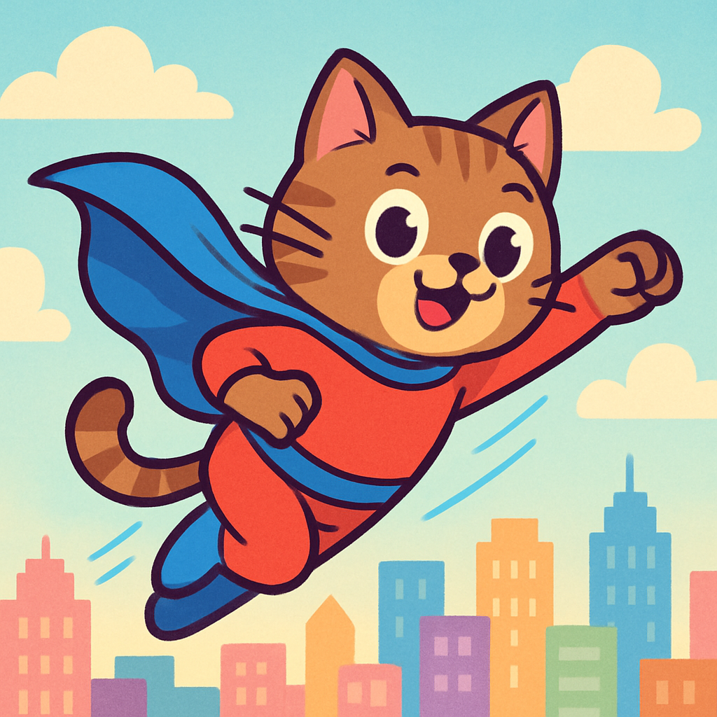A playful cartoon cat in a bright red superhero costume with a flowing blue cape, striking a dynamic flying pose above a pastel city skyline. The style is colorful and fun, with a sense of motion and whimsy.