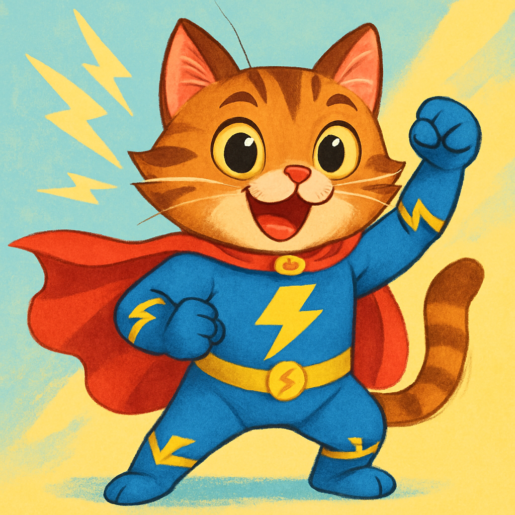 Cat in a superhero suit with lightning bolts