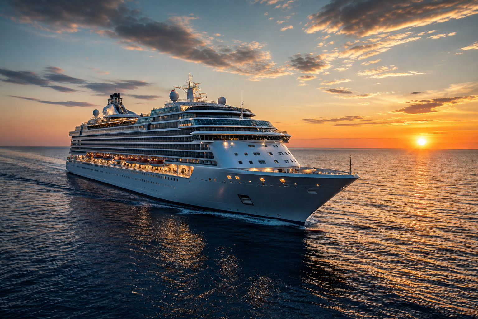 Luxury cruise ship gliding through calm North Atlantic waters at golden hour, with deep navy sea, glowing horizon, and refined onboard lighting